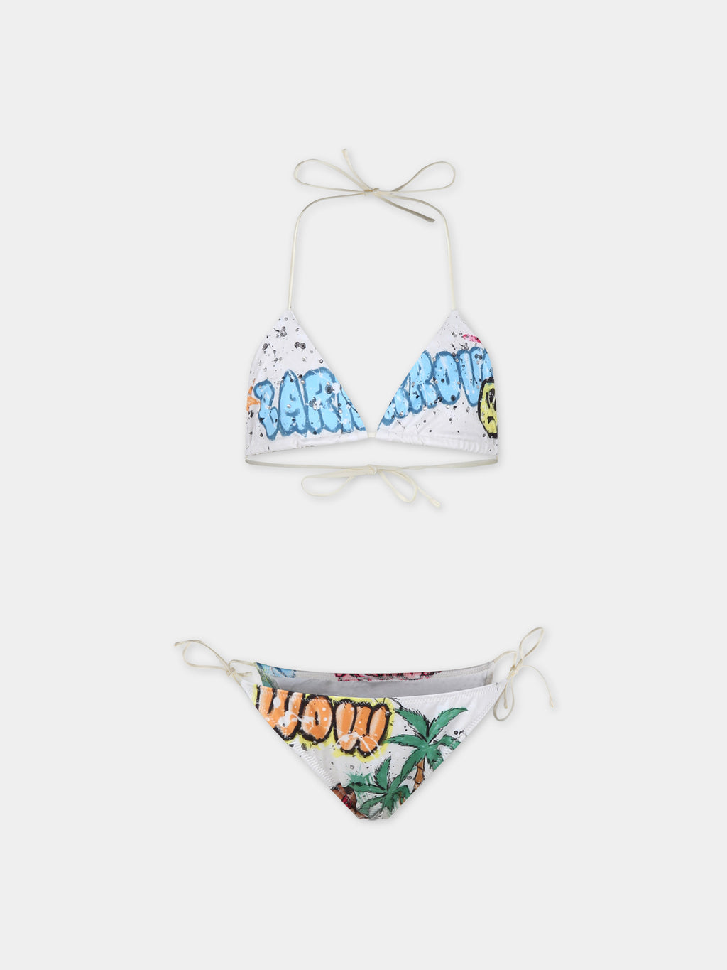 Ivory bikini for girl with palm tree and smile print